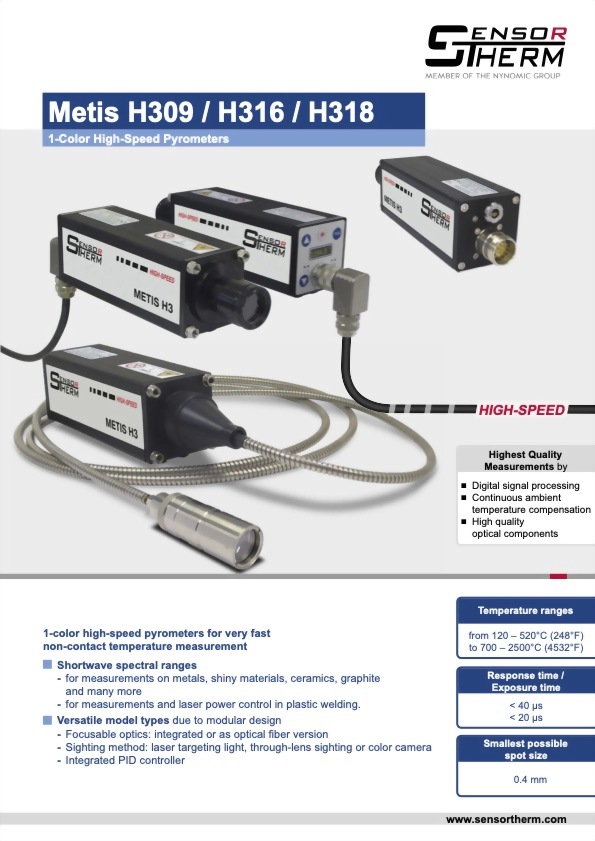 Sensortherm Metis H3 Serie｜H309 H316 H318｜1-Color High-Speed Pyrometers - Datasheet p1｜infrared 台灣代理 紅點量測 Red Point Measurement