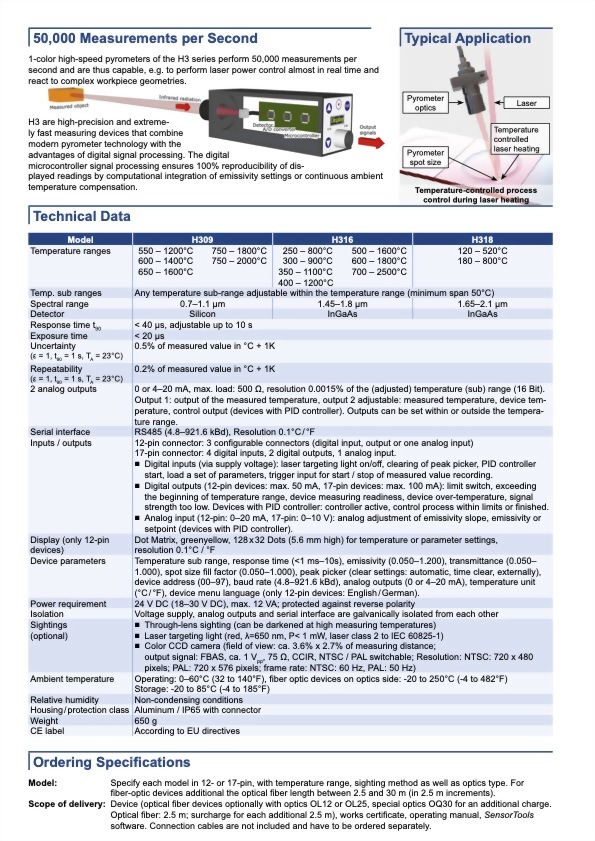 Sensortherm Metis H3 Serie｜H309 H316 H318｜1-Color High-Speed Pyrometers - Datasheet p2｜infrared 台灣代理 紅點量測 Red Point Measurement