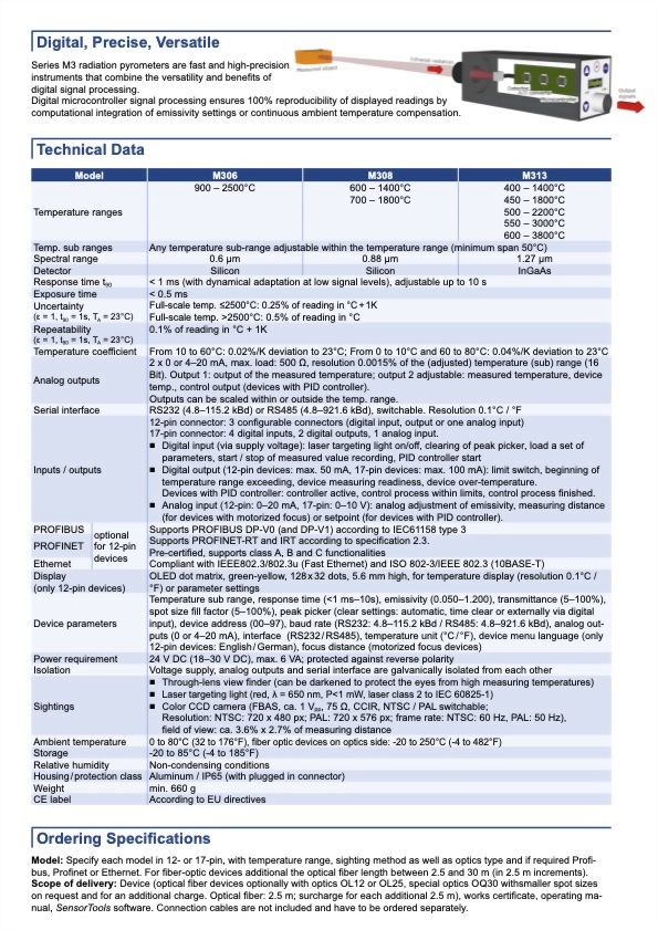 Sensortherm Metis M3 Serie｜M306 M308 M313｜Versatile Narrowband Radiation Pyrometer Series - Datasheet p2｜infrared 台灣代理 紅點量測 Red Point Measurement