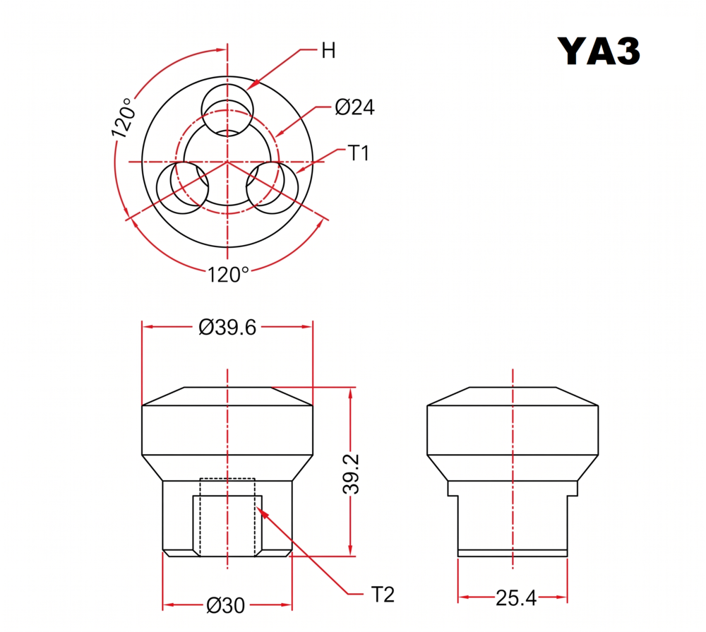 SHPI YA3 3-way circular air manifold base technical dimension drawing and port layout