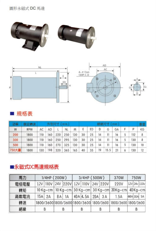 立式圓型/臥式永磁式DC馬達