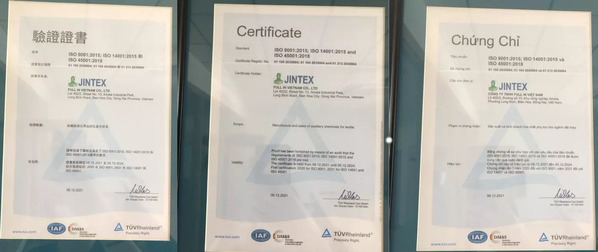 JINTEXベトナム工場はISO9001、ISO14001、ISO45001認証を取得