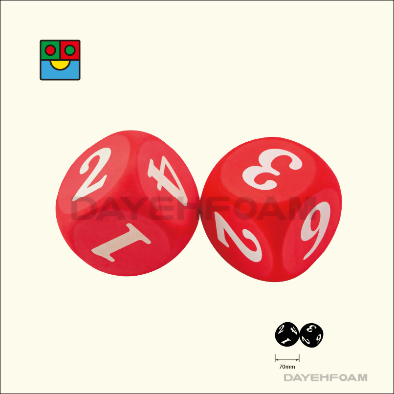 EVA 泡綿數字骰子 70mm  (2-7/8inch) 紅色 印數字1-6（尺寸）