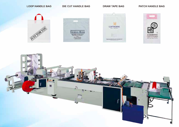 FULLY AUTOMATIC LOOP HANDLE, DIE CUT HANDLE, DRAW TAPE & PATCH HANDLE BAGS MAKING MACHINE