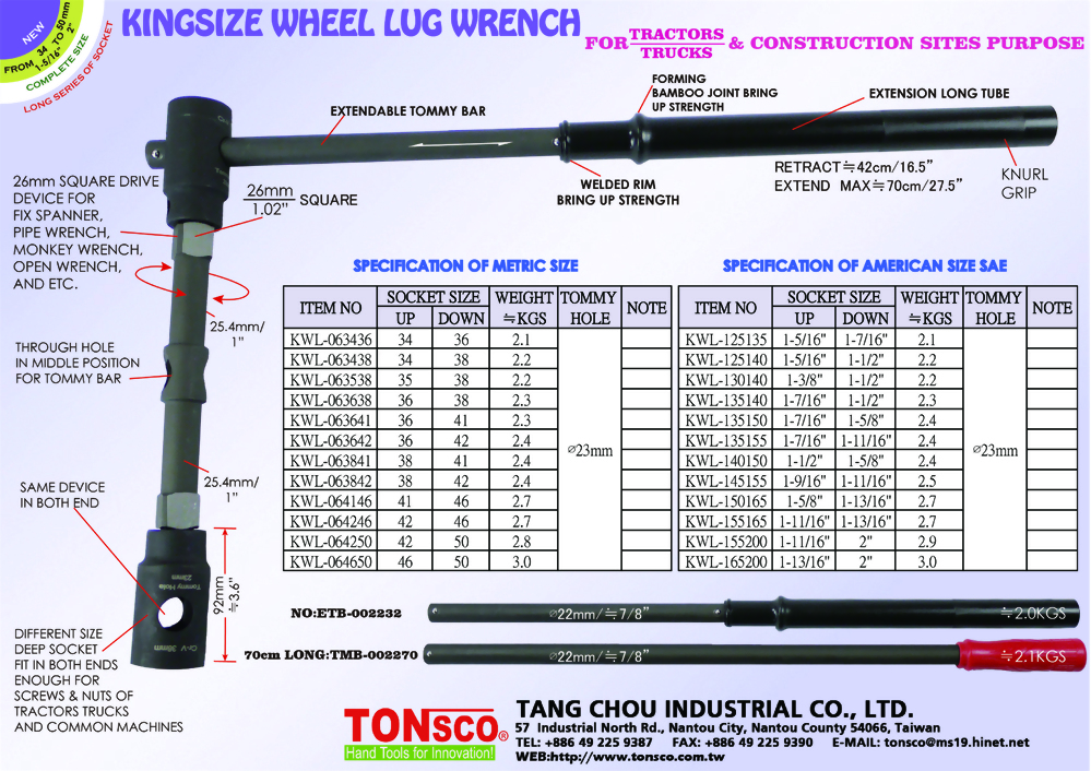 Kingsize Wheel Lug Wrench for Tractors and Trucks (Inch)
