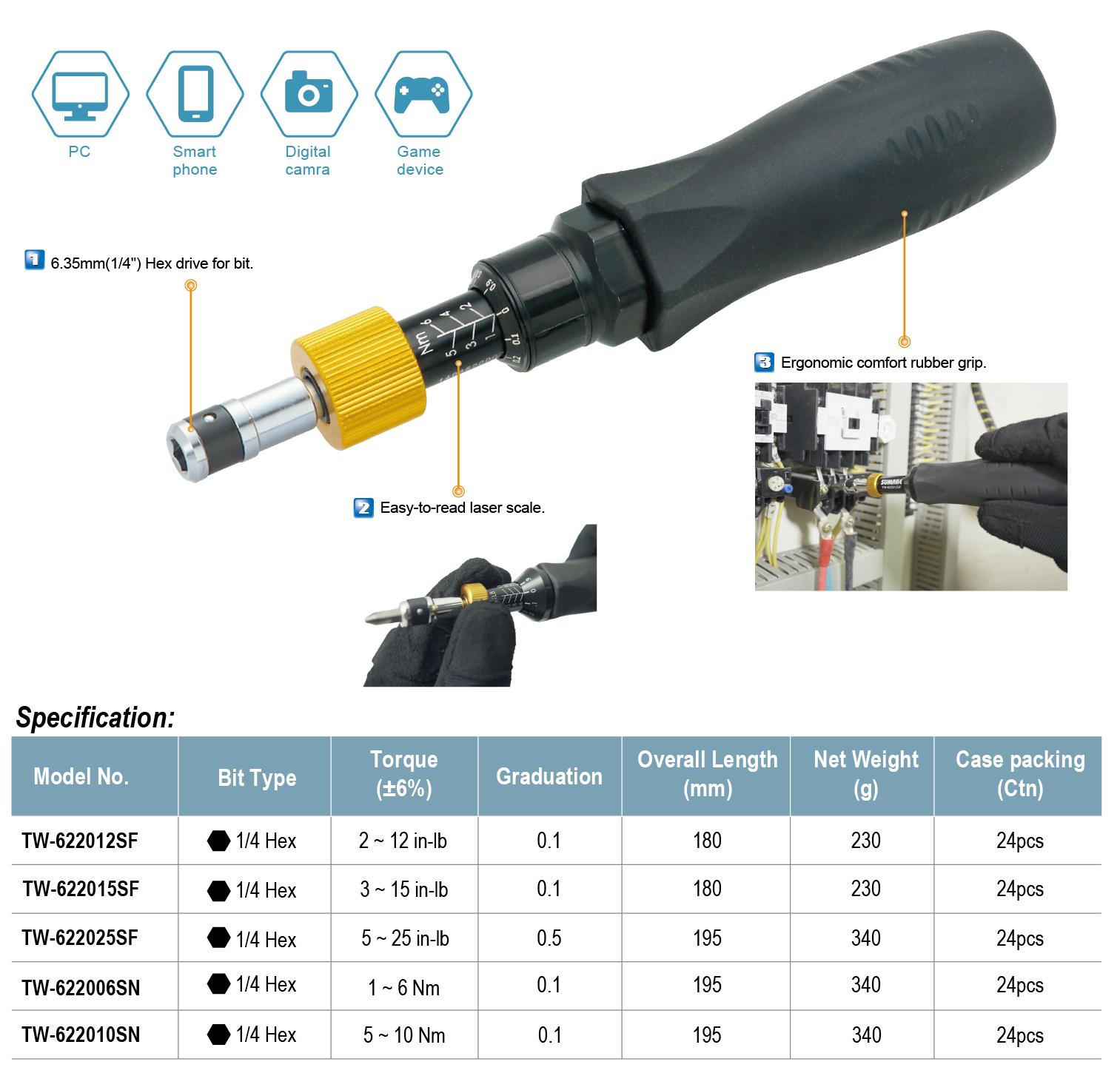 Adjustable Torque Screwdriver,1-10 Nm, 2-25 in-lb