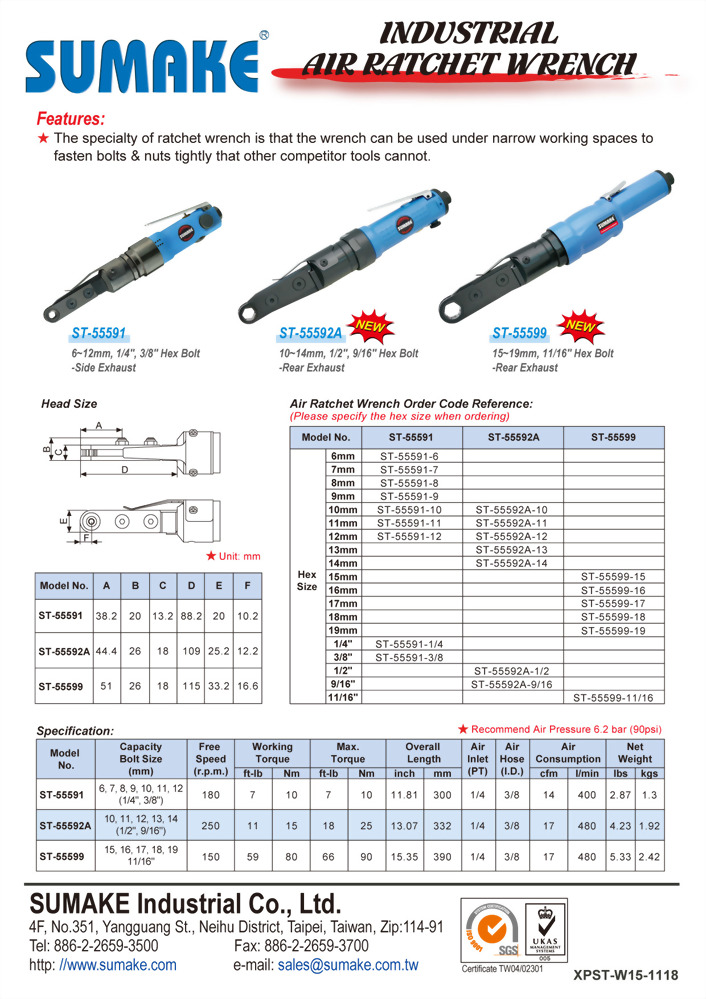 Industrial Air Ratchet Wrench, 80 Nm, 150 rpm