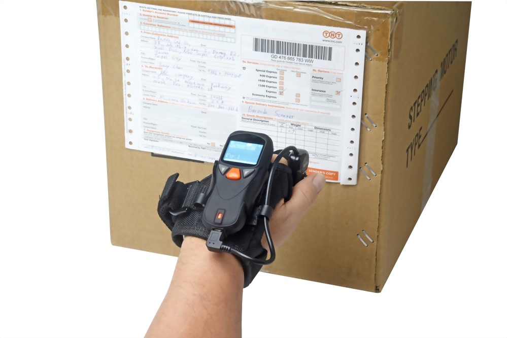 Wearable scanner can work in warehouse.