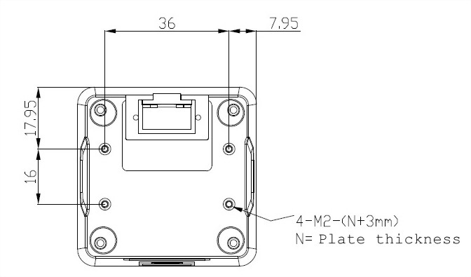 FS5620M 固定式二維條碼掃描器可通過設備底部的 4 個螺絲孔輕鬆安裝到設備中。