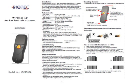 iDC9502A Pocket Barcode Scanner-ZEBRA SE955 1D Laser