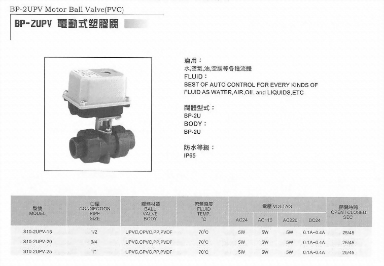 BP-2UPV電動式塑膠閥(PVC)