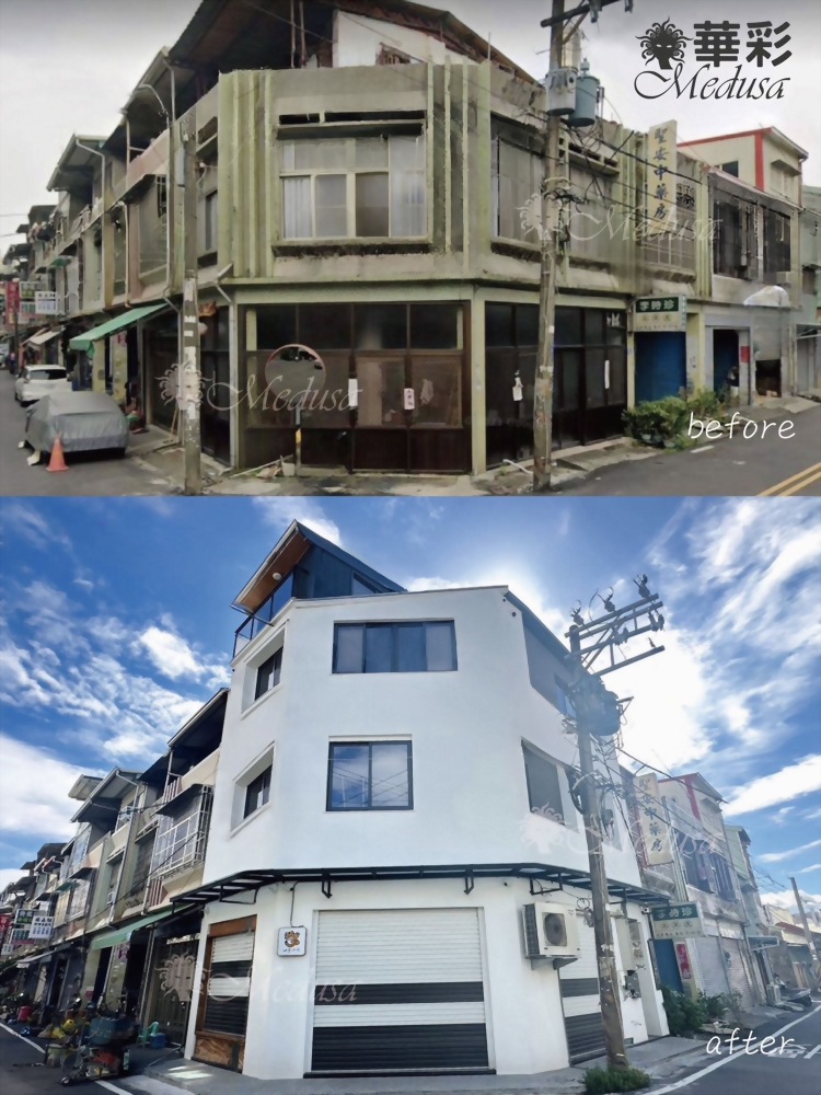 屏東潮州烘焙店老屋翻新後的外牆，使用Hua Tsai仿石塗料，呈現自然石材