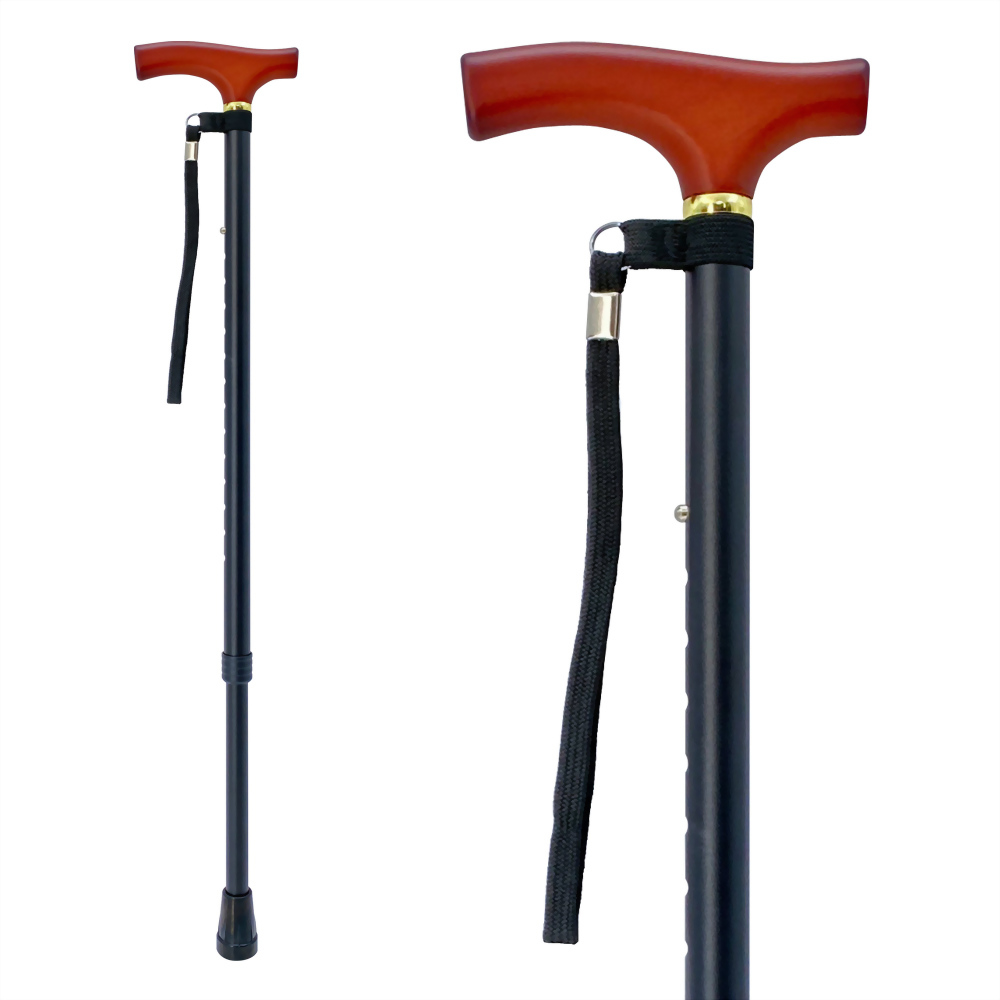 Black Basic Retractable Leisure Cane Lightweight Aluminum Alloy Wooden Handle