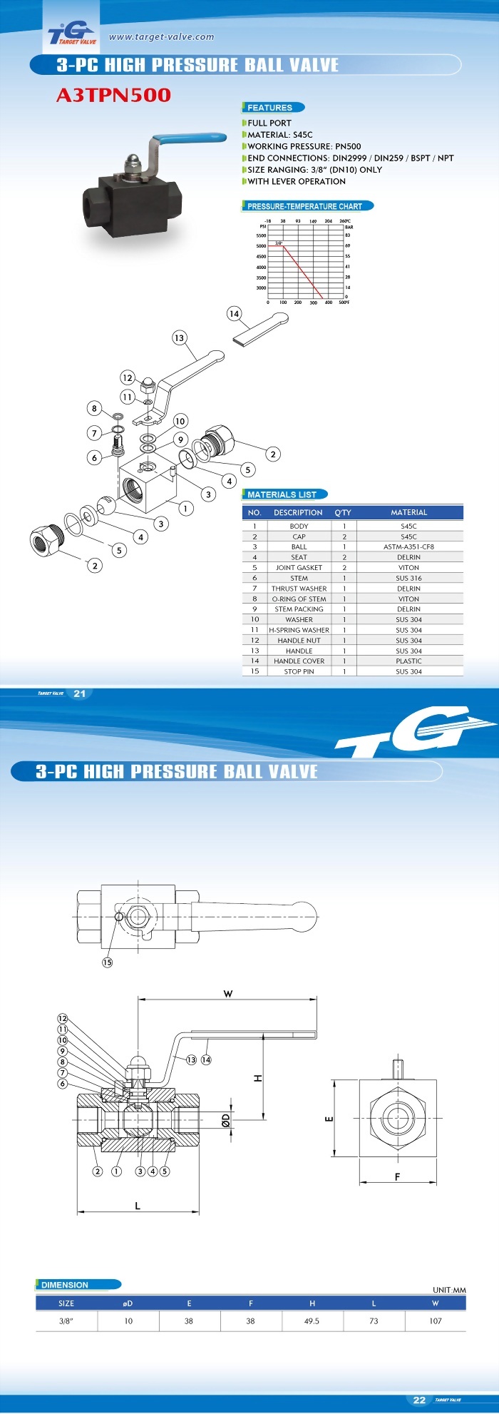 3 PC HIGH PRESSURE BALL VALVE - A3TPN500