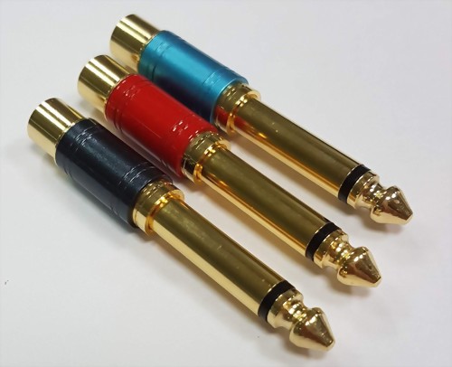 1/4" Mono Plug To RCA Jack, Blue Handle.  (Red/Grey) 1/4" Mono Plug To RCA Jack, Blue Handle.  (Red/Grey)