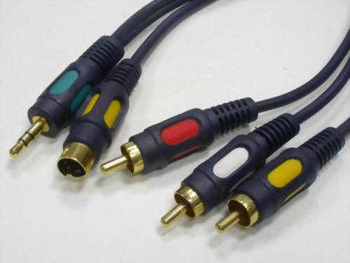 3.5MM ST.PLUG+4P MINI DIN PLUG(W/CAPACITOR)TO 3XRCA PLUGS