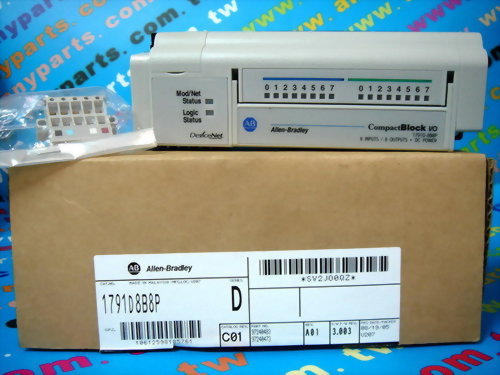 PLC-ALLEN BRADLEY 1791D8B8P I/O BLOCK 24VDC 8 IN SINK 8 OUT SOURCE RTB