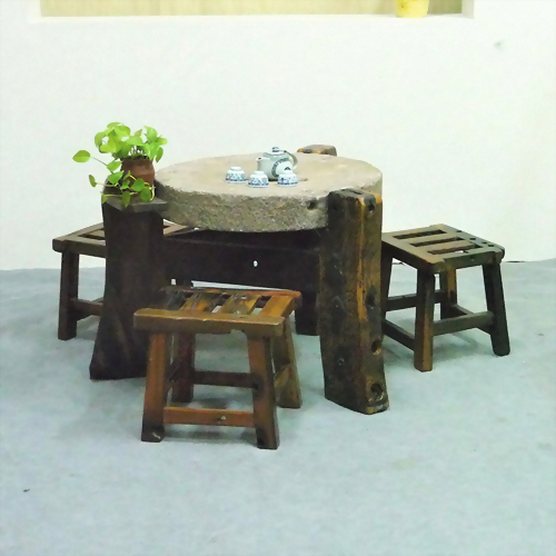 船木三角石磨+條椅(四件組)