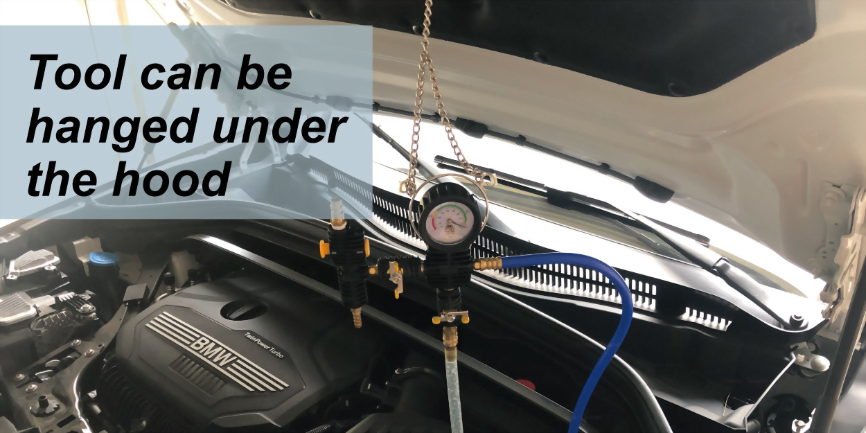 kit can be hooked underneath the vehicle's hood for easy access