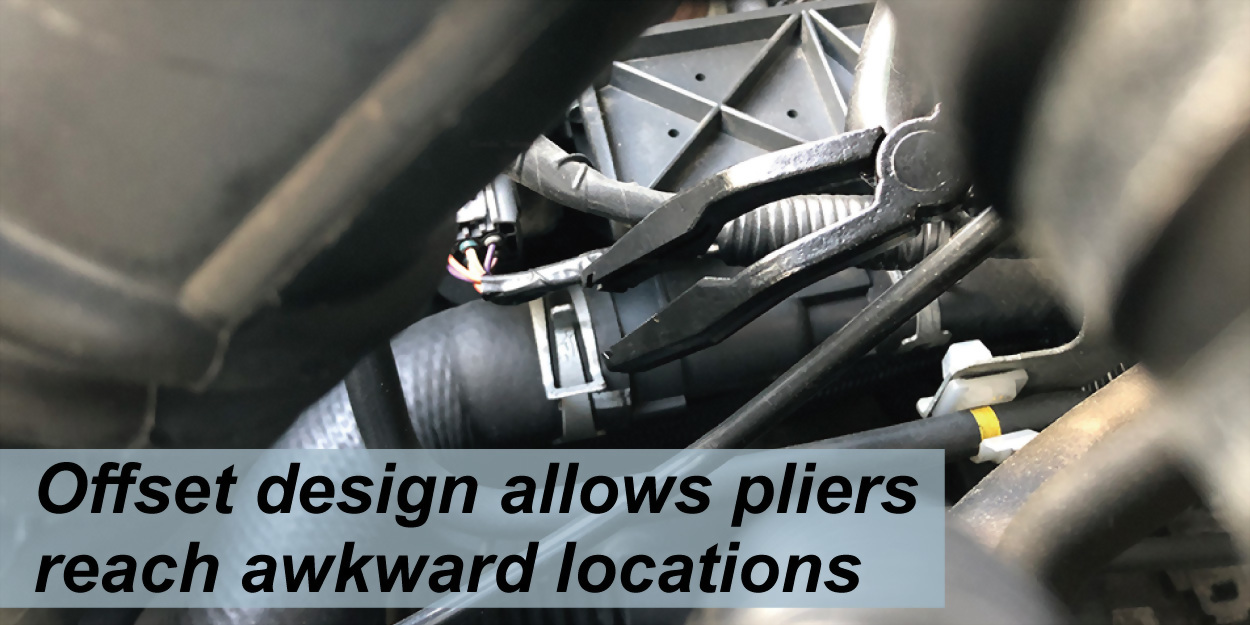 offset design to reach restricted areas in engine bay