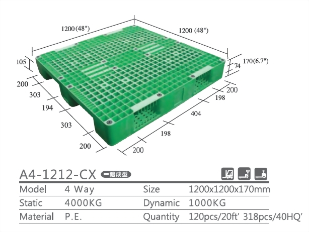 A4-1212-CX Three runner plastic pallet