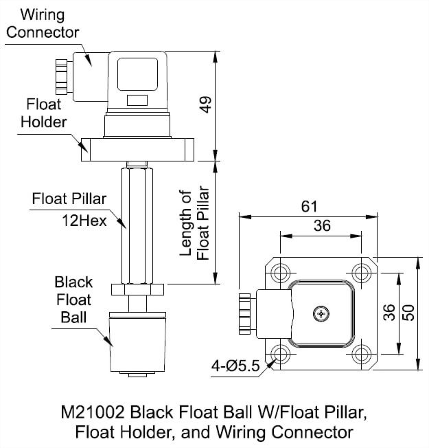Float Ball With Float Pillar, Float Holder, and Wiring Connector Dimensional Drawing