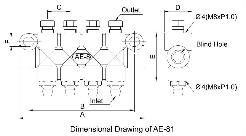 AE Type Grease Nipple Distributor with Parallel Outlets Dimensional Drawing