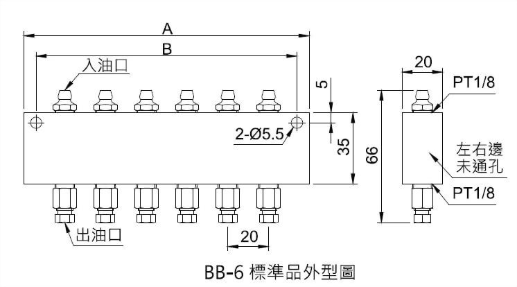 BB型黄油嘴(车用)黄油分配器,外型图