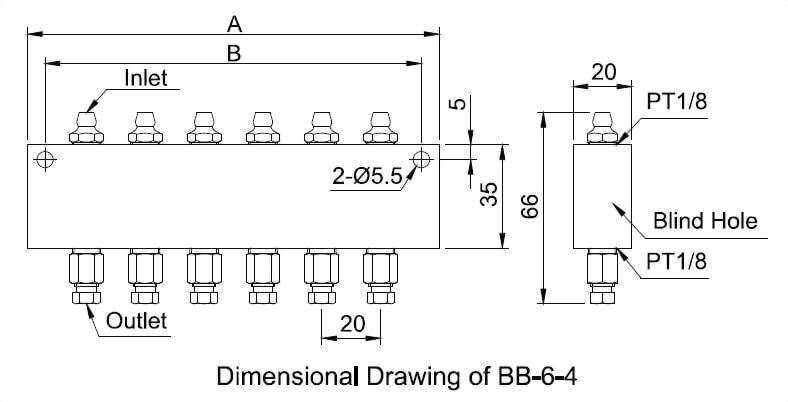 bb-type-grease-nipple-distributor-with-parallel-outlets Dimensional Drawing
