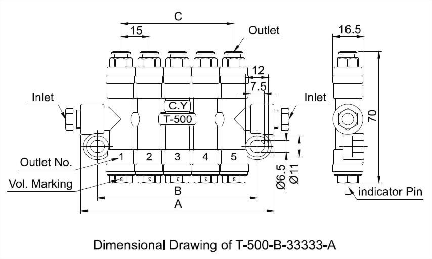 t-type-volume-distributor-quick-coupling-type Dimensional Drawing