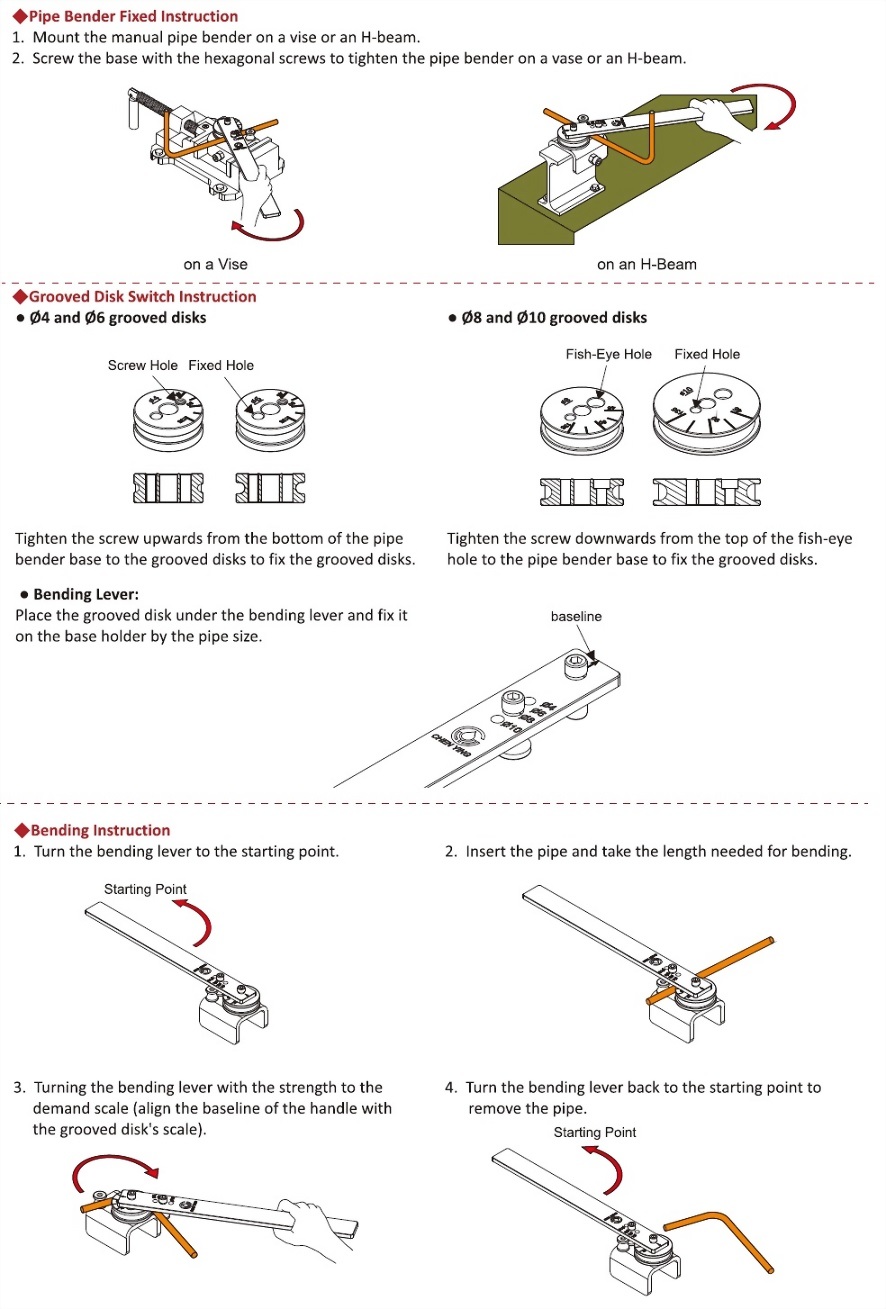 manual pipe bender,Pipe Bender Fixed Instruction,Grooved Disk Switch Instruction,Bending Instruction