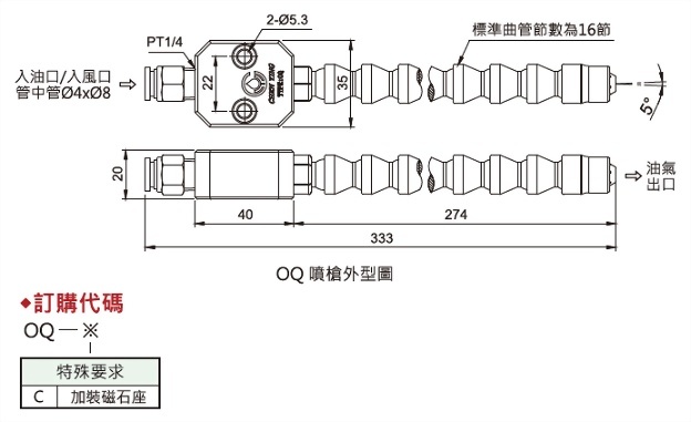 OQ噴槍-管中管單孔噴頭曲管型,外型圖,訂購代碼