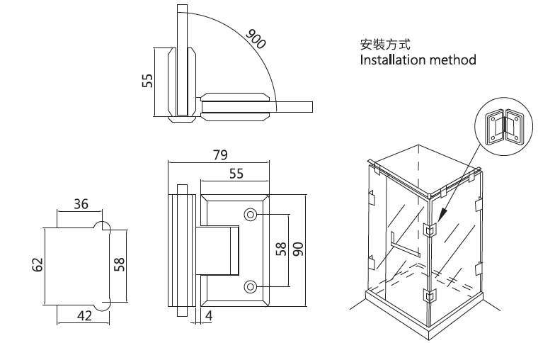 玻对玻 90度铰链(斜边)