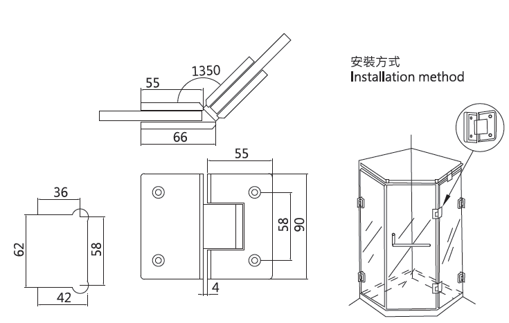 玻对玻 对称 135度铰链(直边)