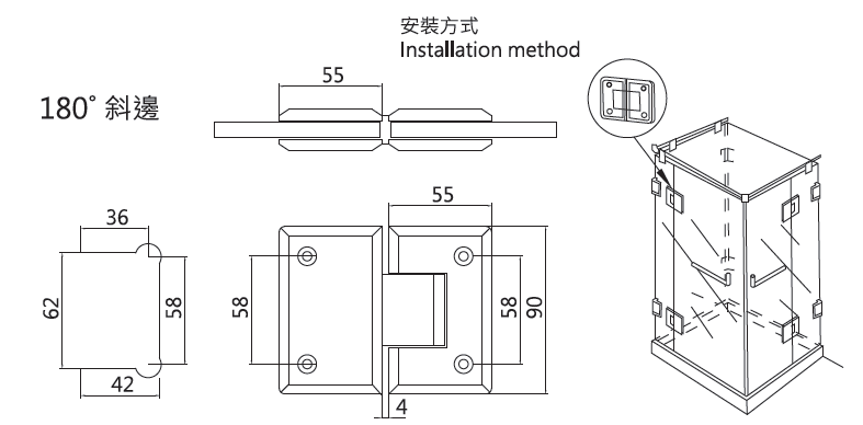 304ステンレスガラスドア用自由丁番（180度） ガラス付タイプ、水回り、自動閉止装置