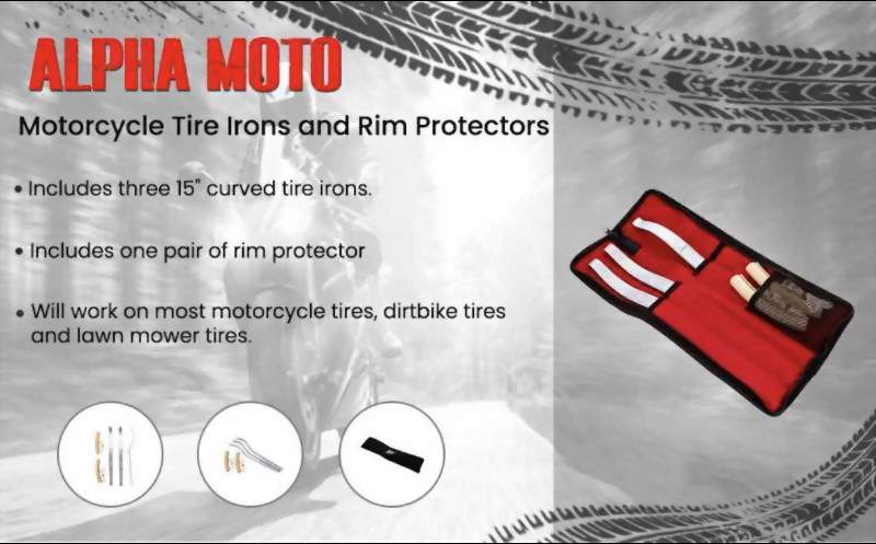 ALPHA MOTO Motorcycle Tire Irons Level Changing Tool Rim Wheel Bead Breaker Three 15 inch Curve Spoons and Rim Protectors Combo Set