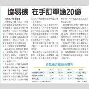 工商時報 - 協易機 在手訂單逾20億 工商時報 - 協易機 在手訂單逾20億
