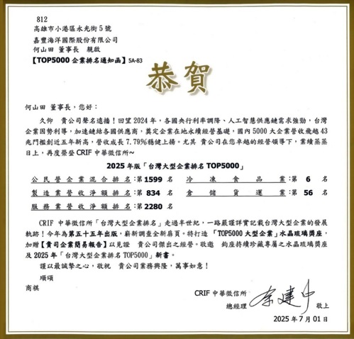 經CRIF中華徵信所 調查,我司2025年[台灣大型企業排名TOP5000]企業排名