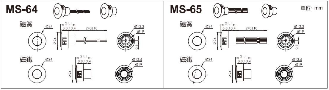 Ø19 MS-64 (二線) / MS-65 (四線)埋入型磁簧開關規格 - 環進企業股份有限公司