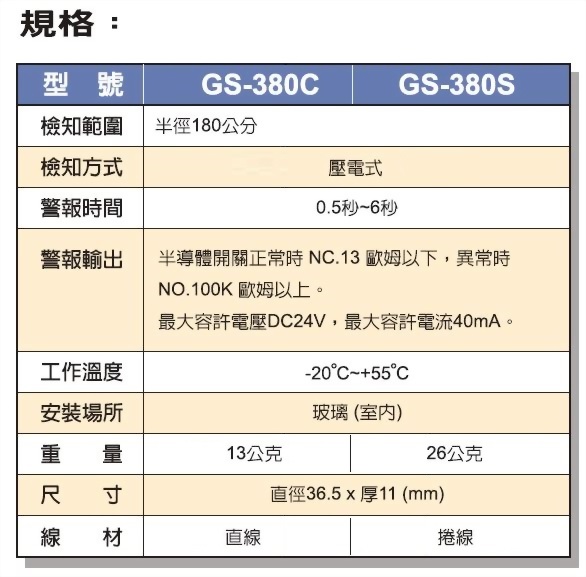 GS-380S 音頻玻璃偵測器規格 - 環進企業股份有限公司