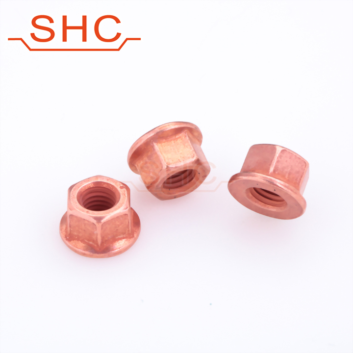 Automotive exhaust manifold flange self-locking copper nut
